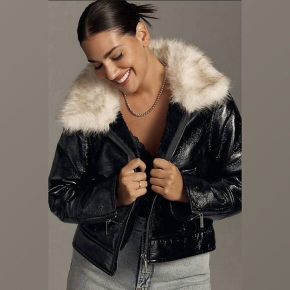 UNREAL FUR Vegan Leather Aviator Bomber Jacket  Faux Fur Collar Full Zip Coat S - Picture 1 of 15